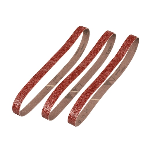 STANLEY STA33376 sanding belt set, three red abrasive belts, product photography, angled view on white background.