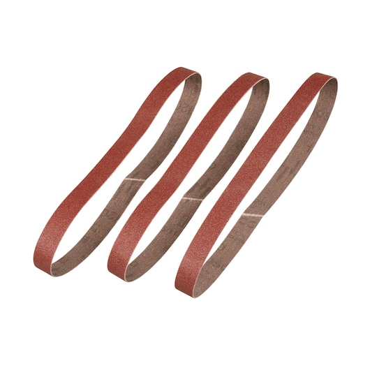 Photo of STANLEY STA33381 sanding belt set, three brown abrasive belts, product category: sanding accessories, front angle.