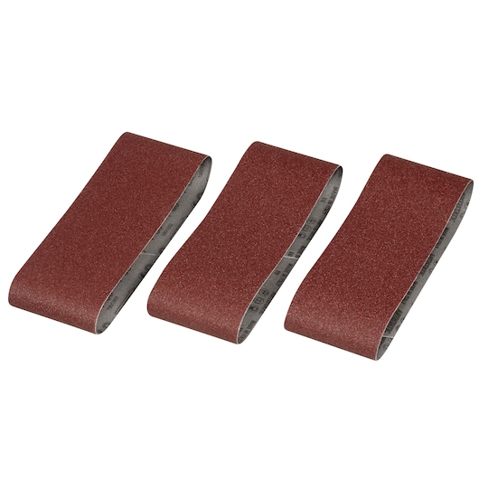 Photo of three STANLEY STA33446 sanding belts, brown abrasive surface, angled on white background.
