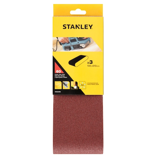 STANLEY STA33446 sanding belt pack, 60 grit, 100x610mm, set of 3, brown, front packaging photo.
