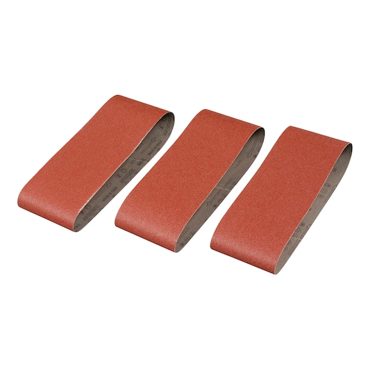 STANLEY STA33451 sanding belt set, set of three red abrasive belts, product photography on white background.