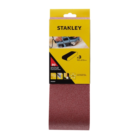 STANLEY STA33451 sanding belt pack, coarse 80 grit, 100x610mm, photo of front packaging on white background.