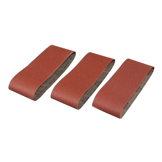 STANLEY STA33456 sanding belt set, three red abrasive belts shown from above on white background.