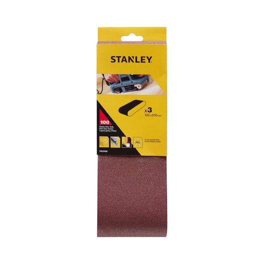 Photo of STANLEY STA33456 sanding belt pack, 100 grit, 100x610mm, 3 pieces, brown, front angle on white background.
