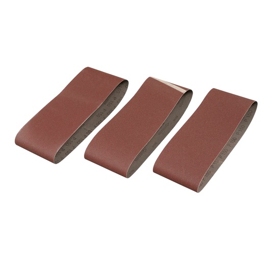 STANLEY STA33461 sanding belt set, brown abrasive surface, three belts, top angle on white background.