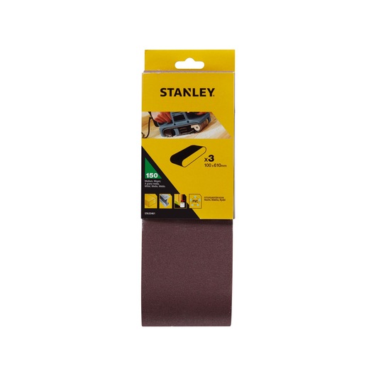 STANLEY STA33461 sanding belt pack, 100 x 610 mm, medium grit 150, brown, pack of 3, front view on white.