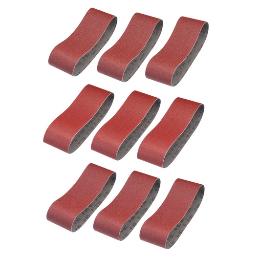 STANLEY STA33481 sanding belt set, red abrasive belts, product photography, top view, white background.