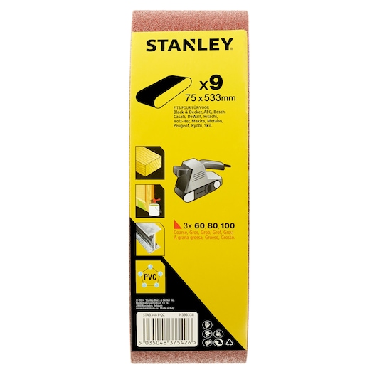 Photo of STANLEY STA33481 sanding belts pack, 75x533mm, coarse, fits various sanders, yellow packaging, front angle.