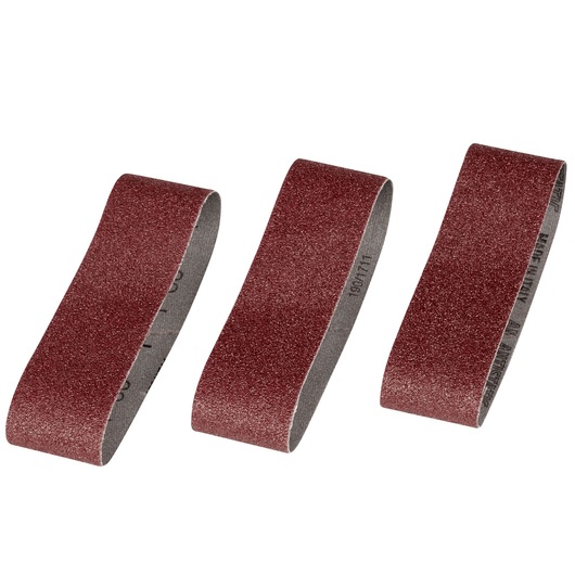 STANLEY STA33501 sanding belt set, three brown abrasive belts, front angle, for power sanding tools.