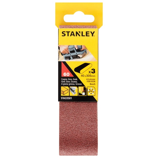Stanley STA33501 coarse sanding belt pack, red, 40x305mm, 60 grit, product front on white background.