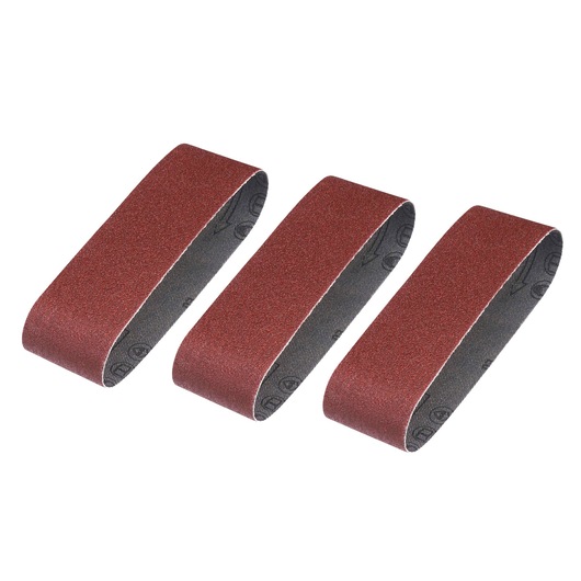 STANLEY STA33506 sanding belts set, photography of three red abrasive belts on white background.