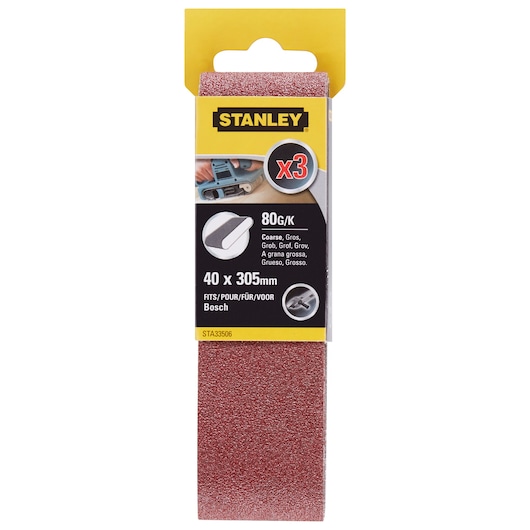 STANLEY STA33506 coarse sanding belts pack, 40x305mm, red abrasive, front angle, fits Bosch, three belts.