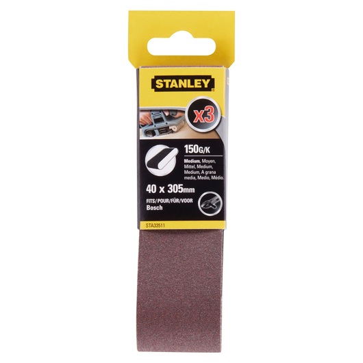 STANLEY STA33511 medium sanding belt pack, 40x305mm, brown, front angle, for Bosch sanders.
