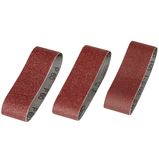 STANLEY STA33516 sanding belts set, photography of three red abrasive belts, top view on white background.