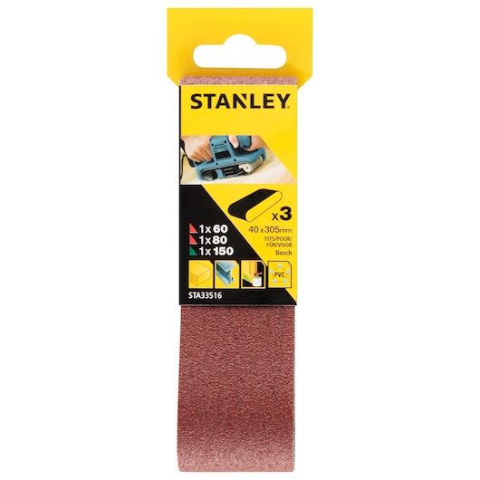 STANLEY STA33516 belt sanding sheets pack, 40x305mm, assorted grits, front view on white background.