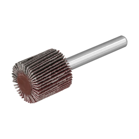 Photo of STANLEY STA34036 flap wheel with abrasive flaps and metal shank, product side angle, photography.