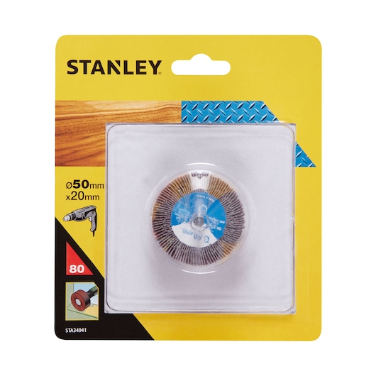 STANLEY STA34041 flap wheel accessory, 50mm x 20mm, grit 80, for drills, front view on white background.