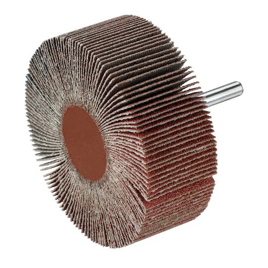 STANLEY STA34051 flap wheel with abrasive brown fins and metal shank, product side angle on white background.