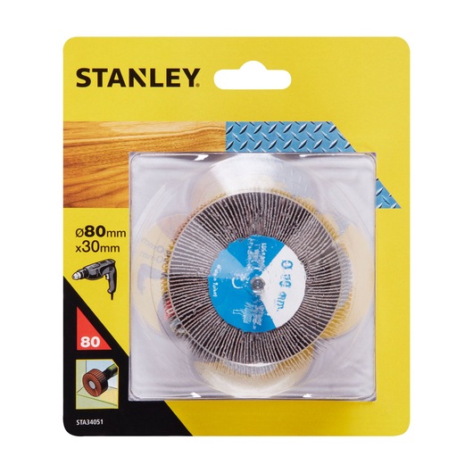 STANLEY STA34051 flap wheel, 80mm x 30mm, in retail packaging, product photography front view.