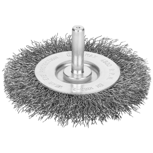 STANLEY STA36000 wire wheel brush, metal bristles, product photography, front angle, white background.