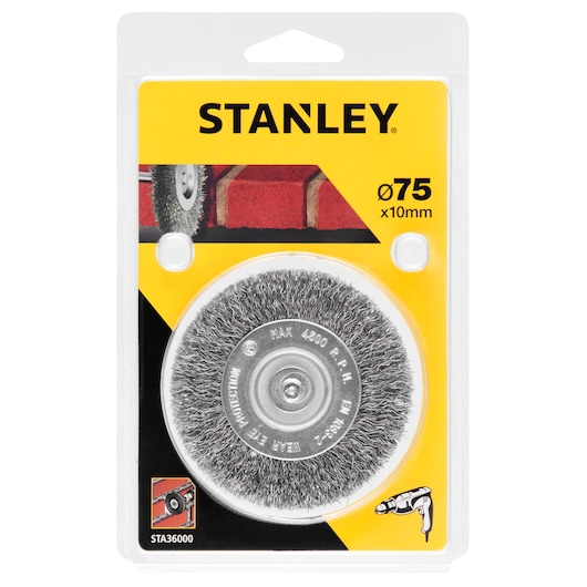 STANLEY STA36000 wire brush wheel for drills, 75x10mm, in retail packaging, front angle.