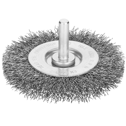 STANLEY STA36002 wire wheel brush with shaft, product photography on white background.
