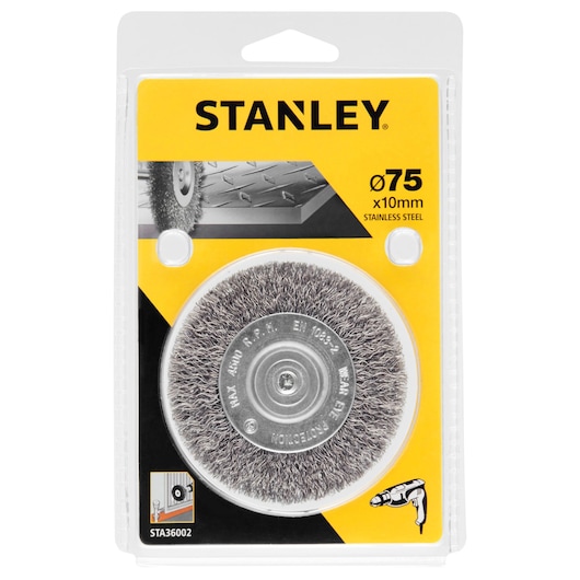 STANLEY STA36002 stainless steel wire wheel brush, 75x10mm, packaging, product front angle.