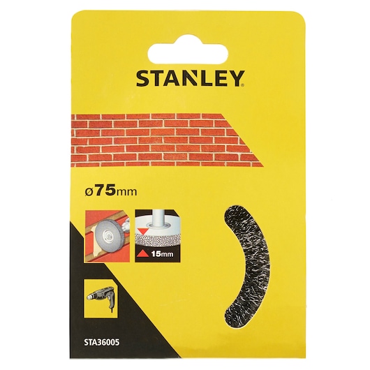 STANLEY STA36005 wire brush accessory packaging, 75mm diameter, photography, front angle on white.