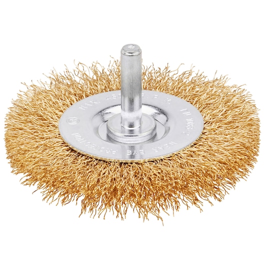STANLEY STA36007 brass wire wheel brush, side angle, metal shank, for drills, photography on white background.