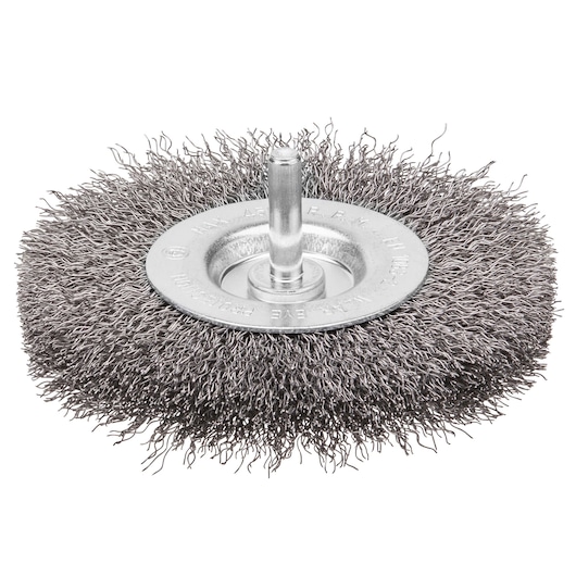 STANLEY STA36015 wire wheel brush with metal bristles, side angle on white background, photography product.