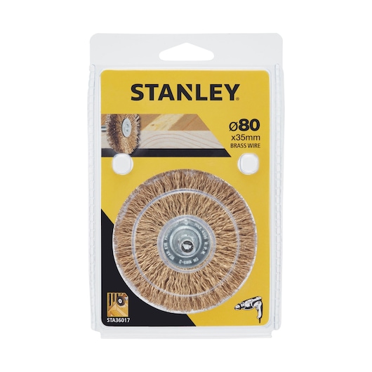 STANLEY STA36017 brass wire wheel brush, diameter 80mm, front view in retail packaging.