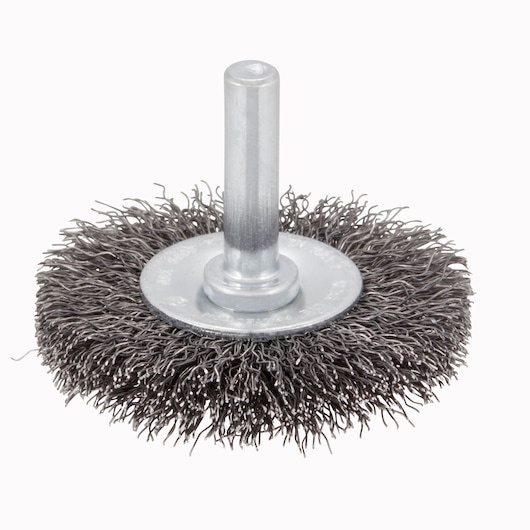STANLEY STA36020 wire wheel brush, close-up angle, round metal bristles for cleaning and polishing.