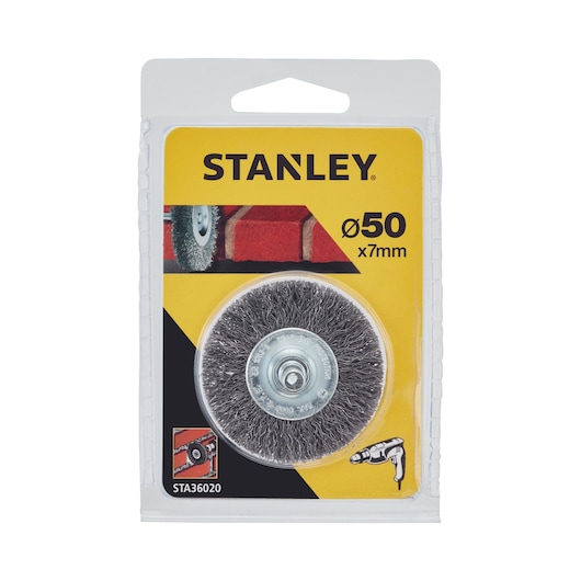 Photo of STANLEY STA36020 wire wheel brush, 50 mm diameter, for drills, in retail packaging, front view.