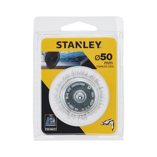 STANLEY STA36022 stainless steel wire wheel, 50mm, front view in retail packaging