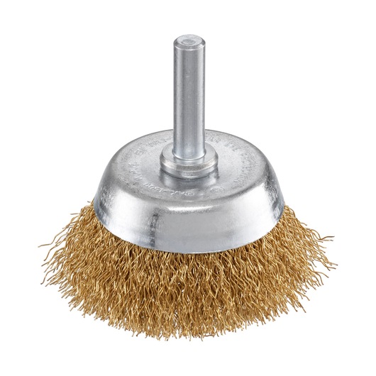 STANLEY STA36027 brass wire cup brush, frontal view, metallic bristles and silver shaft, white background.