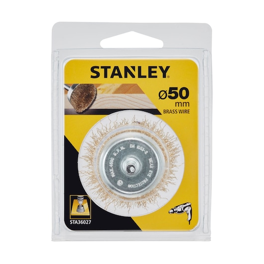 STANLEY STA36027 50mm brass wire brush in retail packaging, front angle.