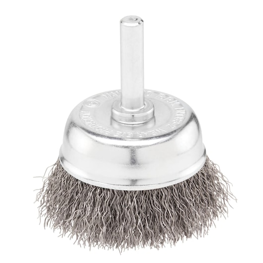 STANLEY STA36030 steel wire cup brush, front angle, silver finish, for power tools.