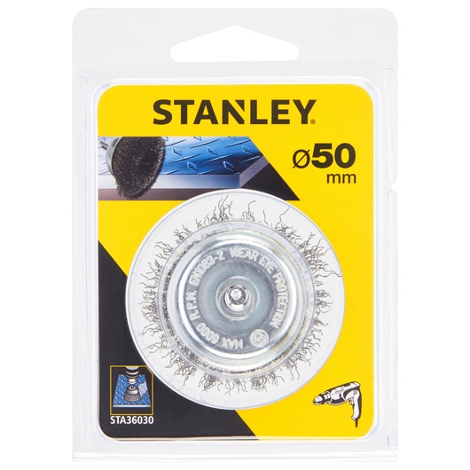 STANLEY STA36030 wire brush wheel, 50 mm, packaged, front view, for drills.