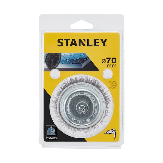 STANLEY STA36035 wire brush wheel 70mm, fine bristles, in retail packaging, front view.