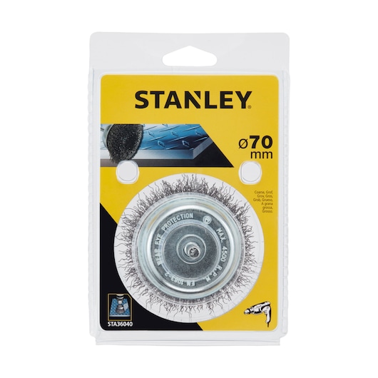 STANLEY STA36040 wire brush wheel, 70 mm, packaging front view, metal bristles for drill.