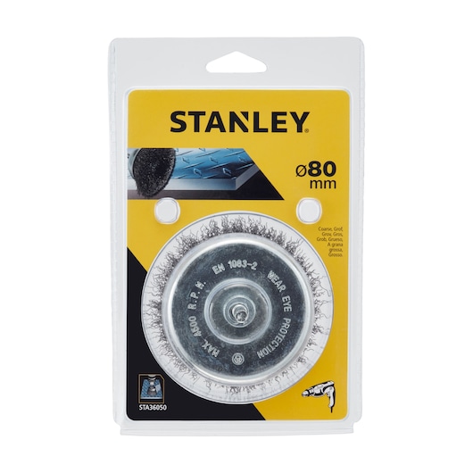STANLEY STA36050 wire wheel brush, 80 mm diameter, coarse, front angle in retail packaging.