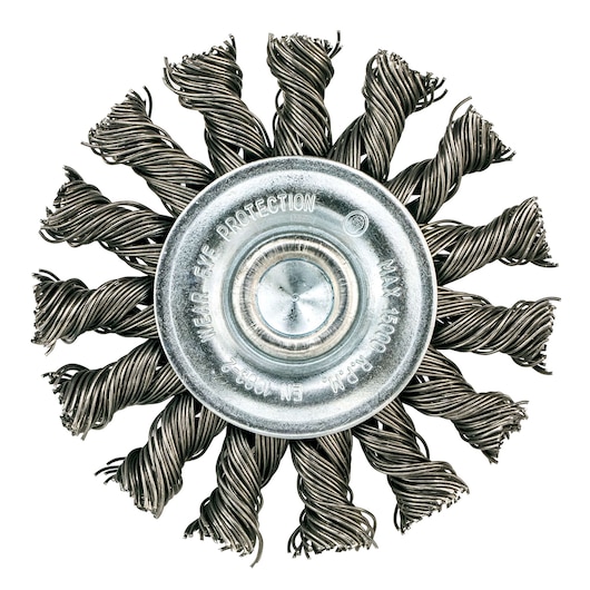 STANLEY STA36055 wire wheel brush, twisted steel wires, circular, close-up, product photography on white background.
