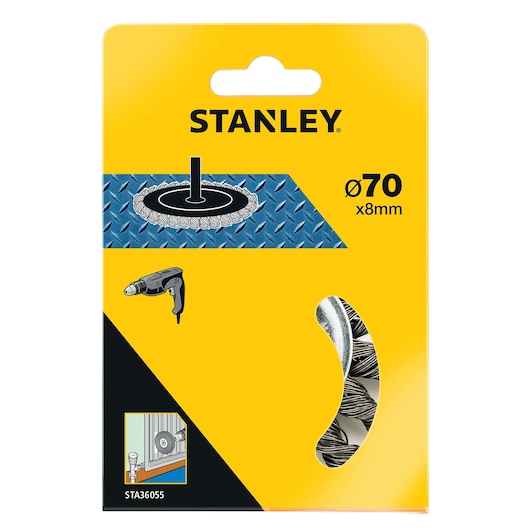 STANLEY STA36055 wire brush wheel Ø70x8mm, front angle packaging photo.