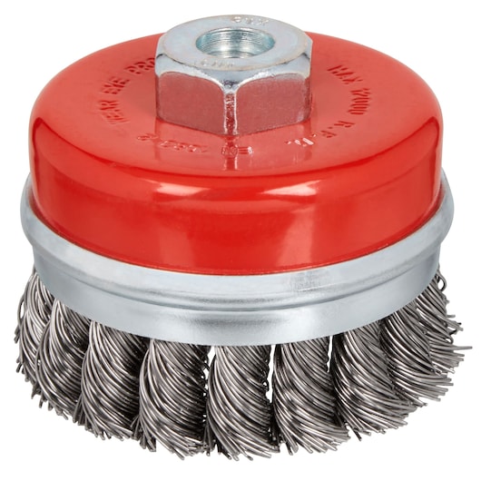 STANLEY STA36075 wire cup brush with red metal top, twisted steel bristles, white background, top angle.