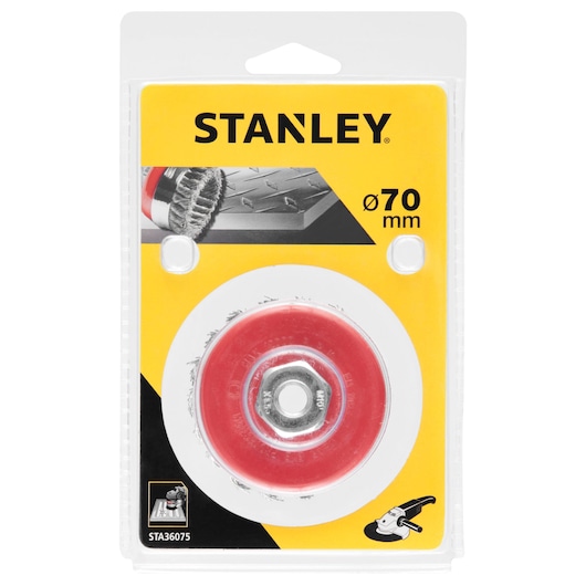 STANLEY STA36075 70mm wire cup brush in retail packaging, photo of front view on white background.