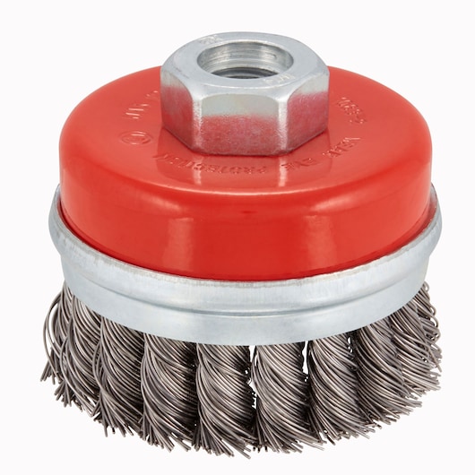 STANLEY STA36080 wire cup brush with red top, steel twisted bristles, front angle, photography accessory.