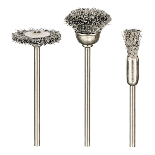 Photo of STANLEY STA36090 wire brush set, three metal rotary brushes, front view, white background, photography.