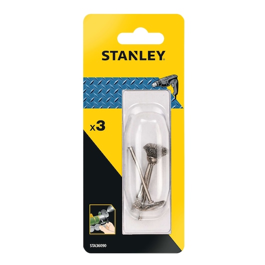 STANLEY STA36090 wire brush set of 3 pieces in retail packaging, front angle.