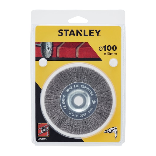 Stanley STA36095 wire brush wheel for drills, 100mm diameter, front packaging view.