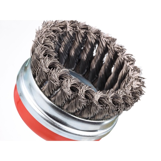 STANLEY STA36105 wire cup brush with twisted bristles, close-up angle on white background.